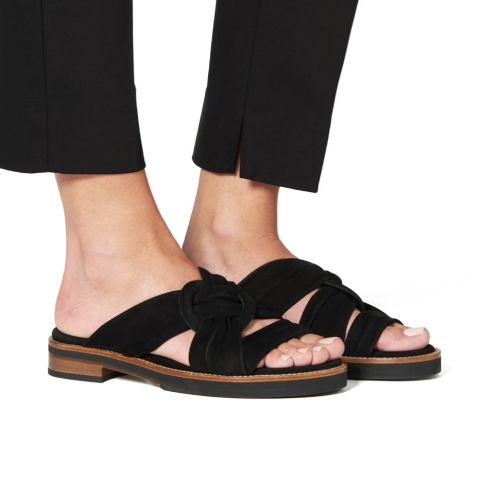 Aquatalia Harley dress black suede slides sandals flats slip ons